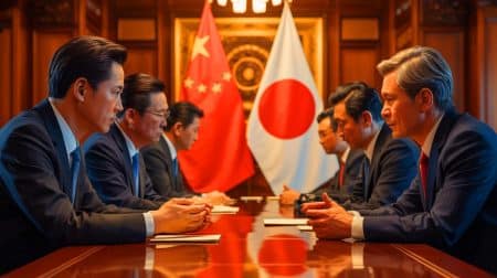 Illustration de la coopération complexe entre la Chine et le Japon face aux défis économiques et géopolitiques. Image réalisée par IA.