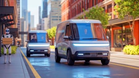 Illustration de robots humanoïdes Amazon livrant des colis depuis des fourgons électriques Rivian. Image réalisée par IA.