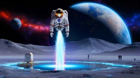 Illustration de la mission du robot unijambiste LEAP de la NASA explorant les geysers d'Encelade à la recherche de vie extraterrestre. Image réalisée par IA.