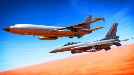 Illustration de l'interception simulée d'un Airbus A330 MRTT français par des chasseurs marocains lors de l'exercice Marathon 25. Image réalisée par IA.