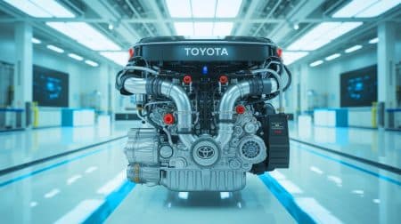 Illustration de l'innovation de Toyota avec un moteur fonctionnant à l'ammoniac. Image réalisée par IA.