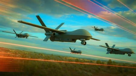 Comment cette stratégie ukrainienne renverse les drones kamikazes russes avec une efficacité redoutable Illustration de drones kamikazes russes détournés par des contre-mesures électroniques ukrainiennes. Image réalisée par IA.