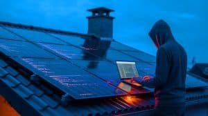Illustration de la vulnérabilité des infrastructures solaires face aux cybermenaces. Image réalisée par IA.