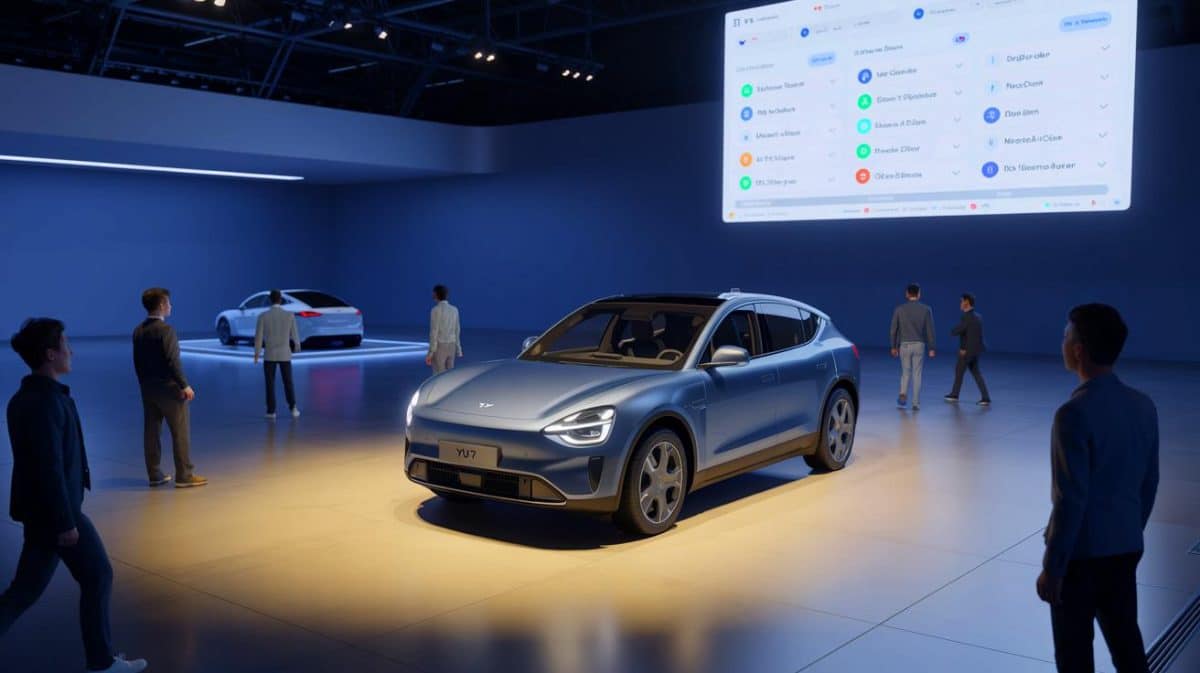 Illustration de l'arrivée fracassante du SUV électrique YU7 de Xiaomi en Chine. Image réalisée par IA.