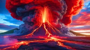 Illustration de l'éruption d'un supervolcan avec des panaches de cendres et de lave. Image réalisée par IA.