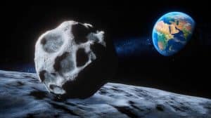 Illustration de l'astéroïde 2024 YR4 s'approchant de la Lune, générée par intelligence artificielle.