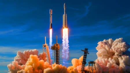 Illustration de la compétition entre Blue Origin et SpaceX dans la conquête spatiale. Image réalisée par IA.