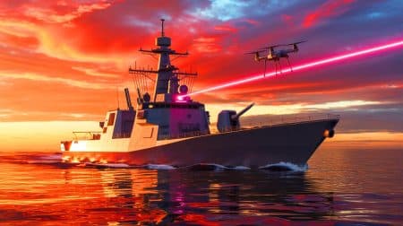 Illustration de l'utilisation du système HELIOS par la marine américaine, générée par intelligence artificielle.