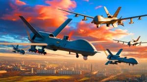 Illustration de l'Ukraine déployant des drones intercepteurs pour contrer les attaques de drones russes, générée par intelligence artificielle.