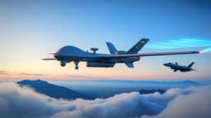 Illustration de drones chinois équipés de capteurs infrarouges détectant un avion furtif, créée par intelligence artificielle.
