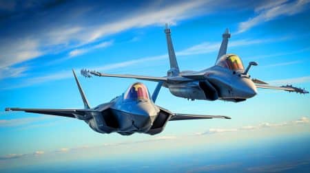 Illustration de la confrontation entre le F-35 américain et le Rafale français, générée par intelligence artificielle.