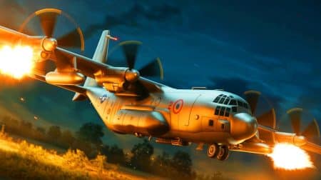 Illustration de l'AC-130 en action, générée par intelligence artificielle.