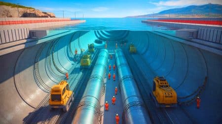 Le tunnel géant entre le Maroc et l’Espagne affiche un coût astronomique, une folie d’ingénierie qui va redessiner la carte des échanges mondiaux Illustration de la construction projetée du tunnel ferroviaire sous le détroit de Gibraltar, générée par intelligence artificielle.