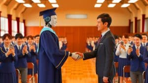 Illustration de Shuang Shuang, un robot humanoïde recevant un bac symbolique en Chine, générée par intelligence artificielle.