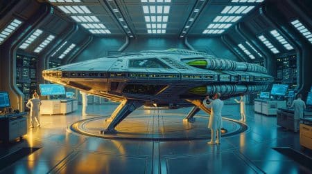 Illustration de la découverte et de l'étude d'un vaisseau extraterrestre, générée par intelligence artificielle.