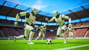 Illustration de robots humanoïdes jouant un match de football, générée par intelligence artificielle.