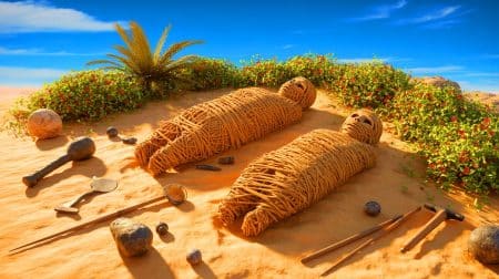 Illustration de deux momies néolithiques découvertes au Sahara, générée par intelligence artificielle.