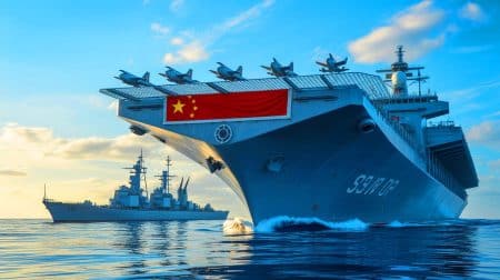 « Ces nouveaux colosses des mers terrifient nos amiraux » : comment la Chine surpasse la marine américaine avec ses porte-avions ultra-modernes et redoutés Illustration de la stratégie militaire de la Chine et de sa bulle défensive A2/AD, générée par intelligence artificielle.