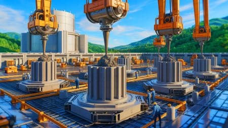 Illustration de l'utilisation de l'impression 3D pour la construction du réacteur nucléaire Hermes, générée par intelligence artificielle.