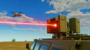 Illustration de l'arme laser ukrainienne testée pour contrer les drones russes, générée par intelligence artificielle.