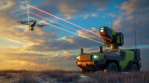 Illustration de la défense aérienne russe utilisant le système laser Silent Hunter contre des drones, créée par intelligence artificielle.