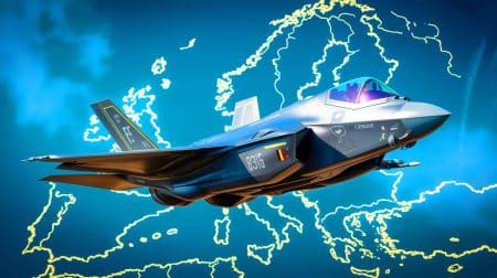 Illustration de la décision stratégique de la Belgique de choisir le F-35 américain au détriment du Rafale français, générée par intelligence artificielle.