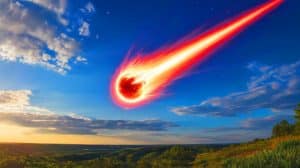 Illustration de boules de feu traversant le ciel après le passage d'une météorite, générée par intelligence artificielle.