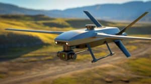 Illustration de l'autonome drone Virtus de Stark, conçu pour les champs de bataille modernes, générée par intelligence artificielle.
