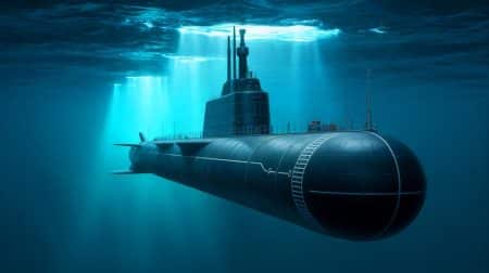 Illustration de la puissance technologique et furtive d'un sous-marin de classe Akula, générée par intelligence artificielle.