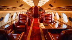 Illustration de l'intérieur luxueux de l'Air Force One, symbole de puissance et de prestige américains. Image réalisée par IA.