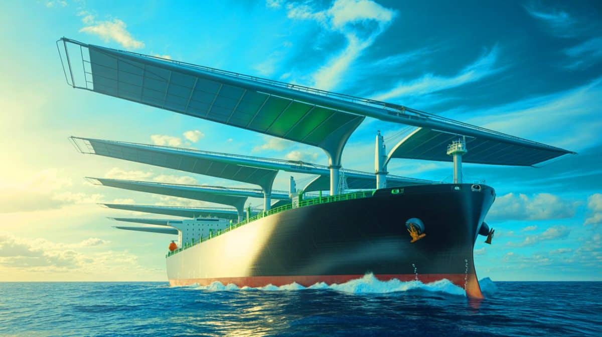 Des ailes géantes de 37 mètres pour les pétroliers : « Une hérésie écologique » ou une avancée verte qui pourrait réduire le CO2 de 30 % Illustration de la propulsion éolienne WindWings sur des pétroliers à double carburant pour réduire les émissions de CO2.