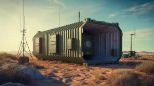 Illustration de la transformation d'un conteneur maritime en coffre-fort mobile pour la protection des armes nucléaires, générée par intelligence artificielle.