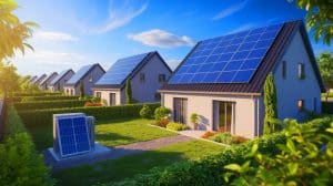 Illustration de l'intégration de panneaux solaires et de batteries pour une production électrique continue, générée par intelligence artificielle.
