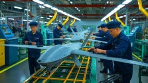 Illustration de travailleurs nord-coréens contribuant à la production de drones Shahed en Russie, générée par intelligence artificielle.
