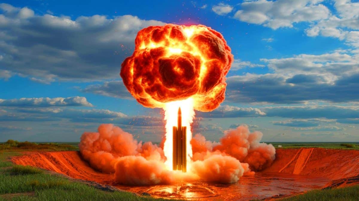 Essai d’un missile nucléaire Sarmat en Russie : « ça explose au sol et crée un cratère de 55 mètres » la planète inquiète et en colère Illustration de l'explosion d'un missile balistique intercontinental Sarmat en Russie.