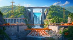 Illustration d'un complexe de barrages hydroélectriques sur le fleuve Yarlung Zangbo, générée par intelligence artificielle.