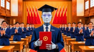 Illustration de Shuang Shuang, le robot humanoïde recevant un diplôme en Chine, générée par intelligence artificielle.
