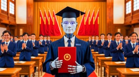 Illustration de Shuang Shuang, le robot humanoïde recevant un diplôme en Chine, générée par intelligence artificielle.