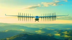 Illustration de l'avion cargo WindRunner de Radia conçu pour transporter des éoliennes géantes et accélérer la transition énergétique.