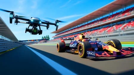 « Il vole presque aussi vite que la F1 » : découvrez ce drone époustouflant qui défie les lois de la vitesse à plus de 360 km/h Illustration de la nouvelle F1 Oracle Red Bull Racing RB20 suivie par un drone-caméra, générée par intelligence artificielle.