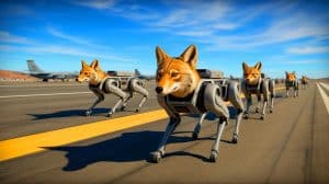Illustration de robots coyotes sécurisant une piste d'atterrissage, générée par intelligence artificielle.
