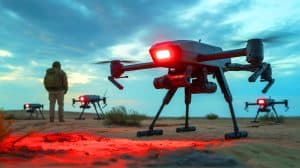 Illustration de drones autonomes opérant sur un champ de bataille moderne, générée par intelligence artificielle.