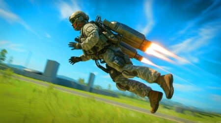 Illustration de fantassin volant équipé d'un jetpack dans un contexte militaire, générée par intelligence artificielle.