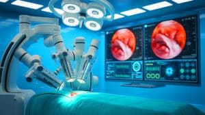 Illustration de la première chirurgie complexe réalisée par un robot alimenté à l'IA, générée par intelligence artificielle.