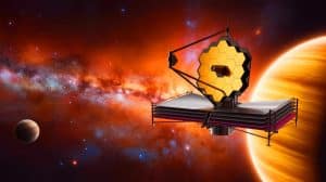 Illustration de la détection de dioxyde de carbone par le télescope spatial James Webb sur des exoplanètes du système HR 8799.