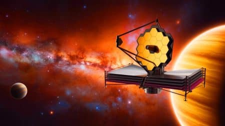 Illustration de la détection de dioxyde de carbone par le télescope spatial James Webb sur des exoplanètes du système HR 8799.