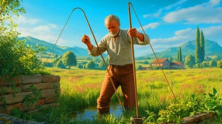 Illustration de la recherche d'une source d'eau par un sourcier à l'aide de baguettes, générée par intelligence artificielle.