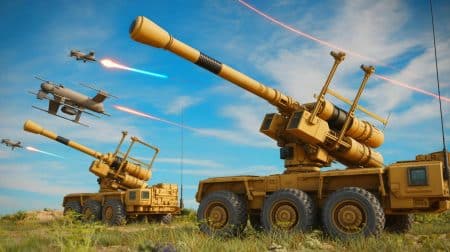 La France en état d’alerte : cette arme redoutable neutralise des essaims de drones en quelques secondes seulement Illustration de la défense aérienne avec le système Rapidfire Land. Image réalisée par IA.