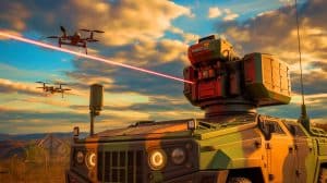Illustration de l'utilisation du système laser anti-drones « Silent Hunter » par la Russie en Ukraine. Image réalisée par IA.