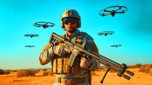 Illustration de systèmes de défense portatifs anti-drones des Marines américains, générée par intelligence artificielle.